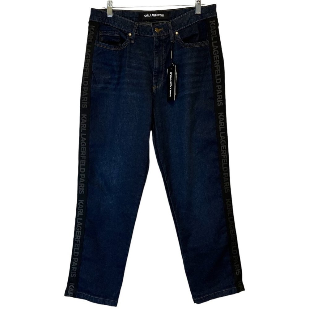 Karl Lagerfeld Paris Women's Straight Leg Logo Taping Mid Rise Jean